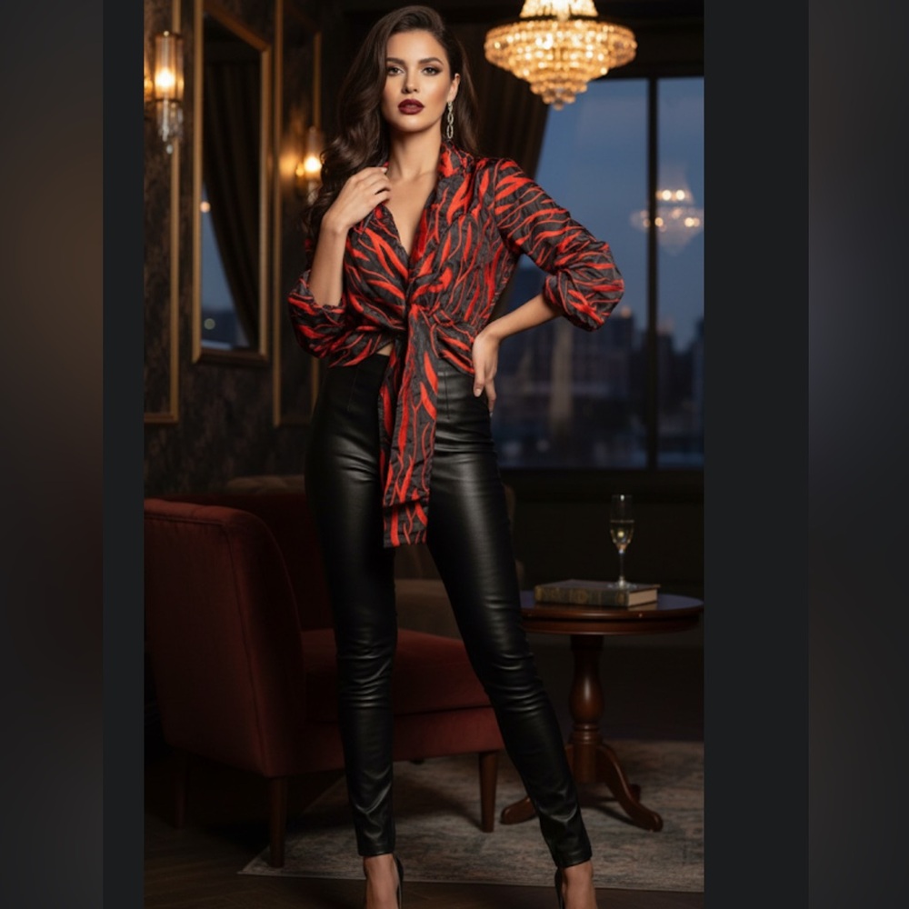 Samuel Dong XL Black Red Textured Crinkle Tie-Front Jacket
Bolero Statement